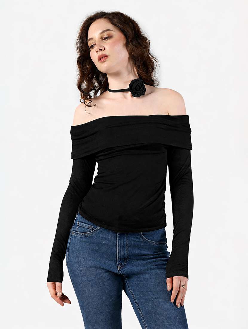 women solid off shoulder long sleeve top - 22363371 -  Standard Image - 1