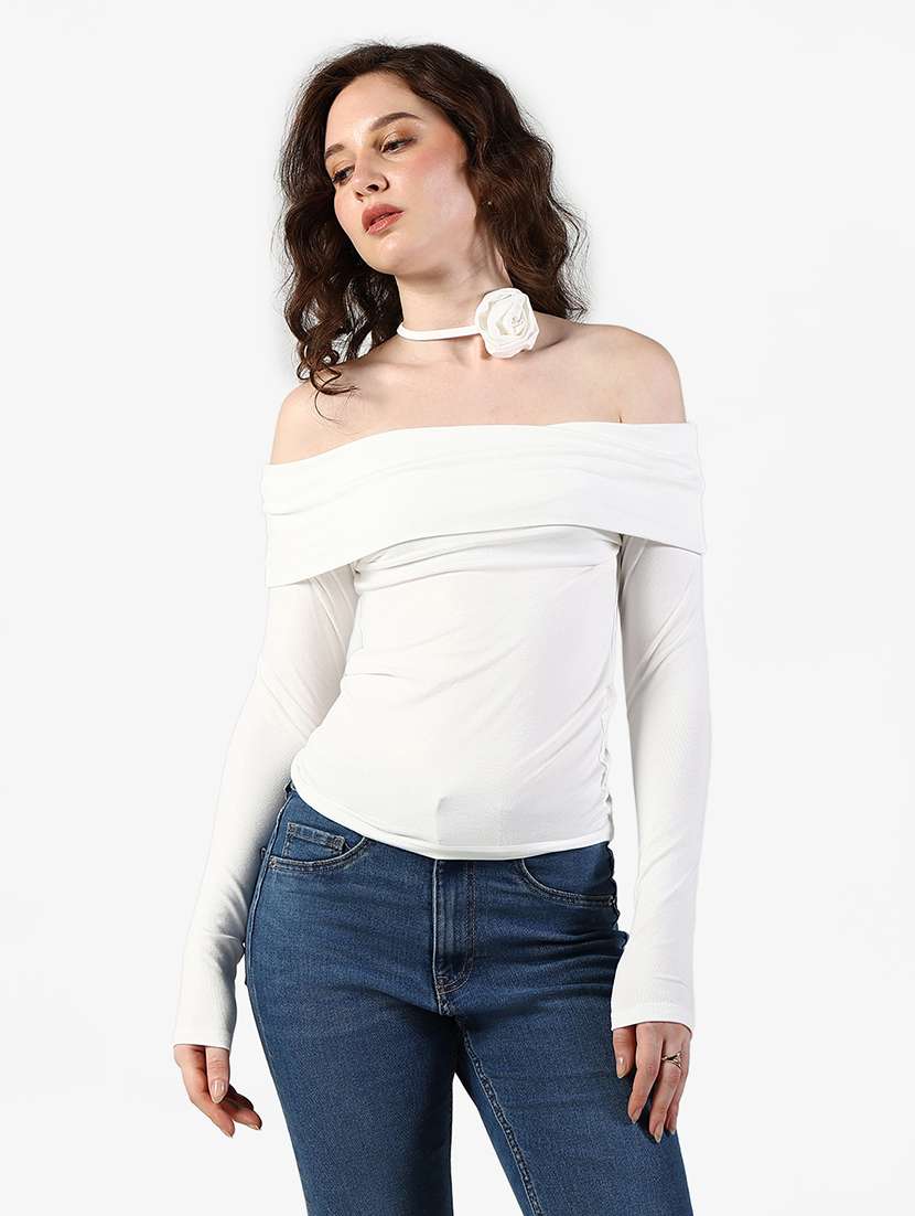women solid off shoulder long sleeve top - 22363372 -  Standard Image - 1