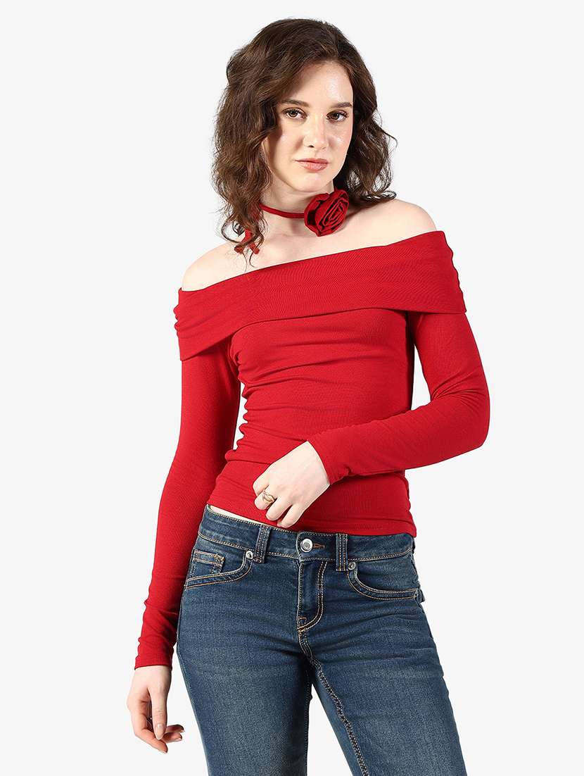women solid off shoulder long sleeve top - 22363373 -  Standard Image - 1
