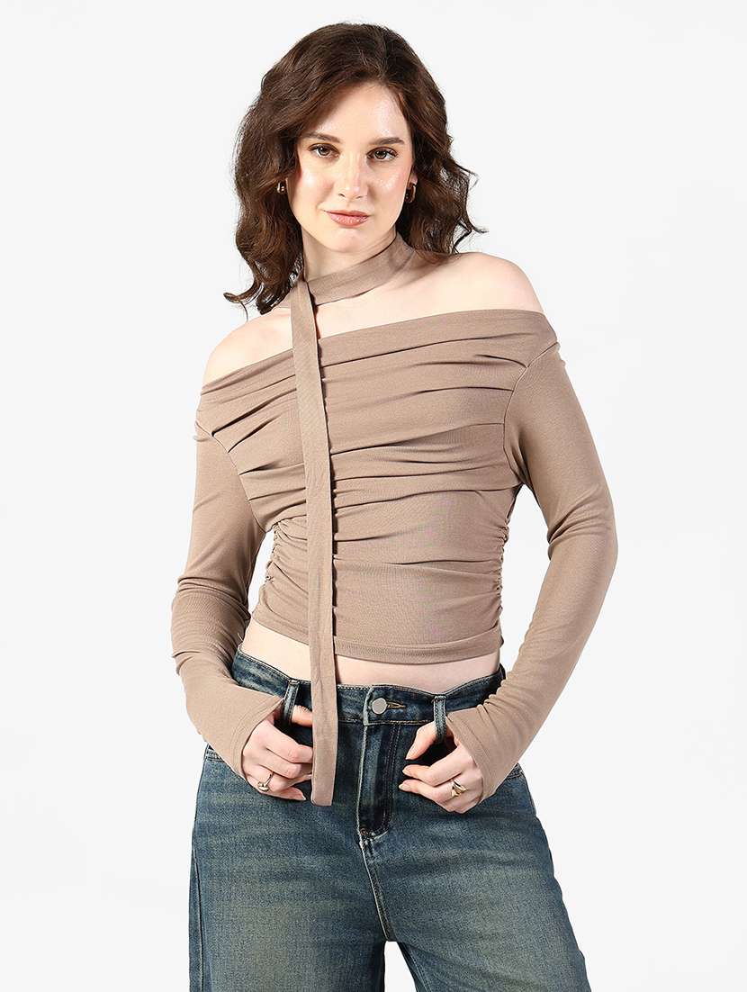 women solid off shoulder long sleeve top with neck tie - 22363376 -  Standard Image - 1