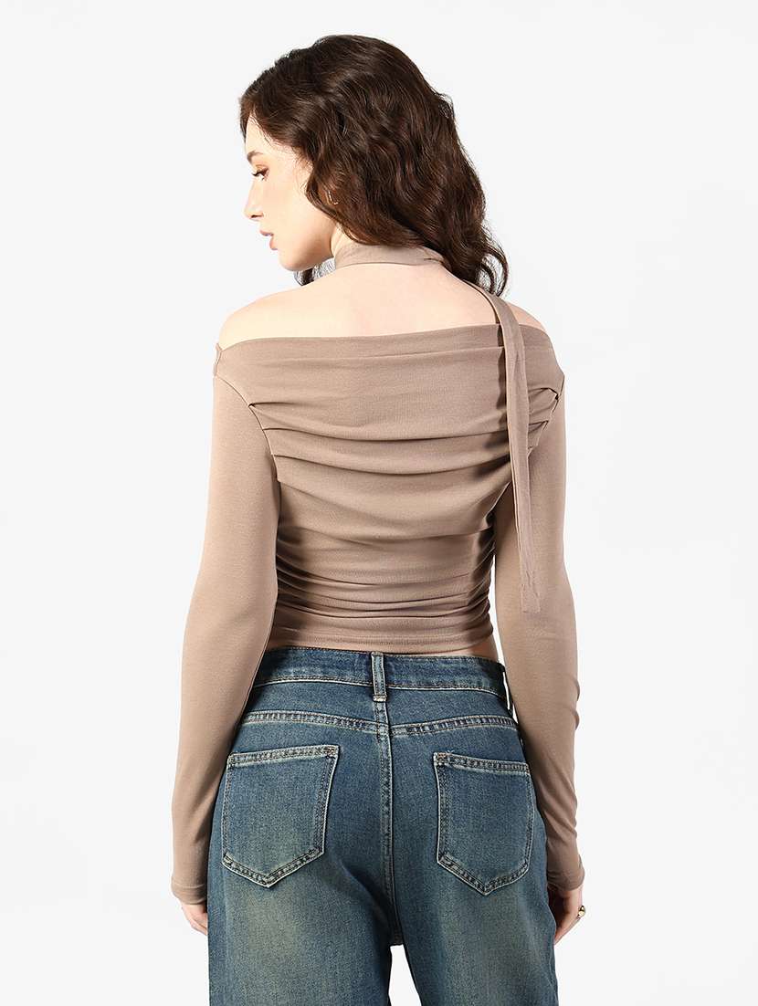 women solid off shoulder long sleeve top with neck tie - 22363376 -  Standard Image - 4