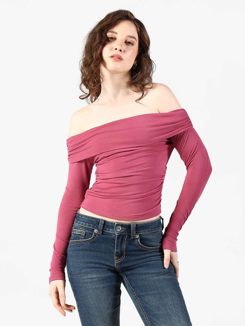 women solid off shoulder long sleeve top - 22363377 -  Standard Image - 1