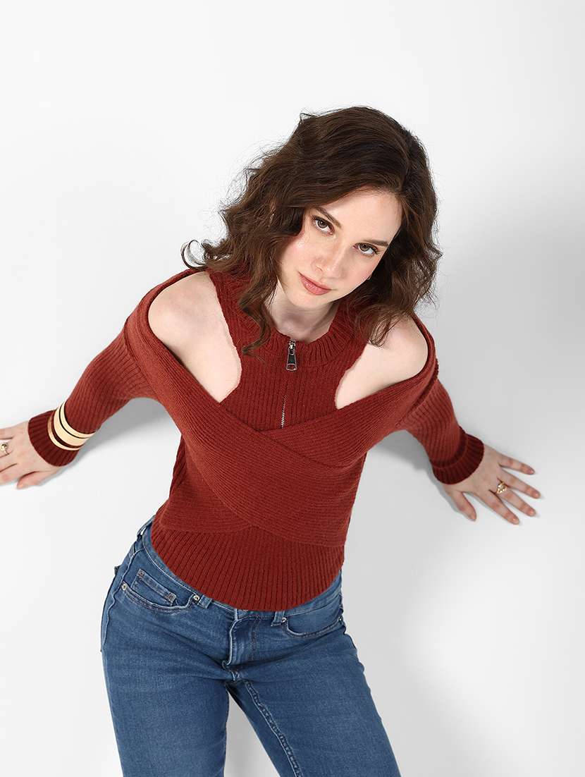 women solid cold shoulder straight top