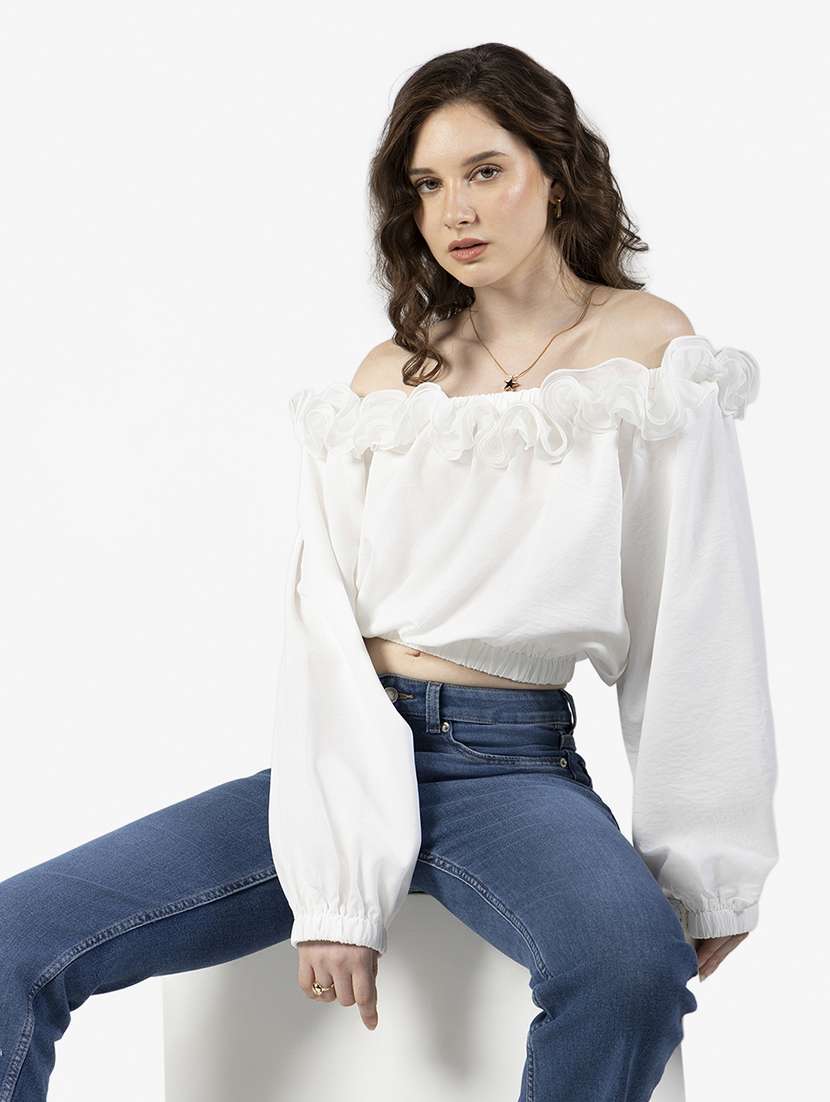 women solid off shoulder blouson top
