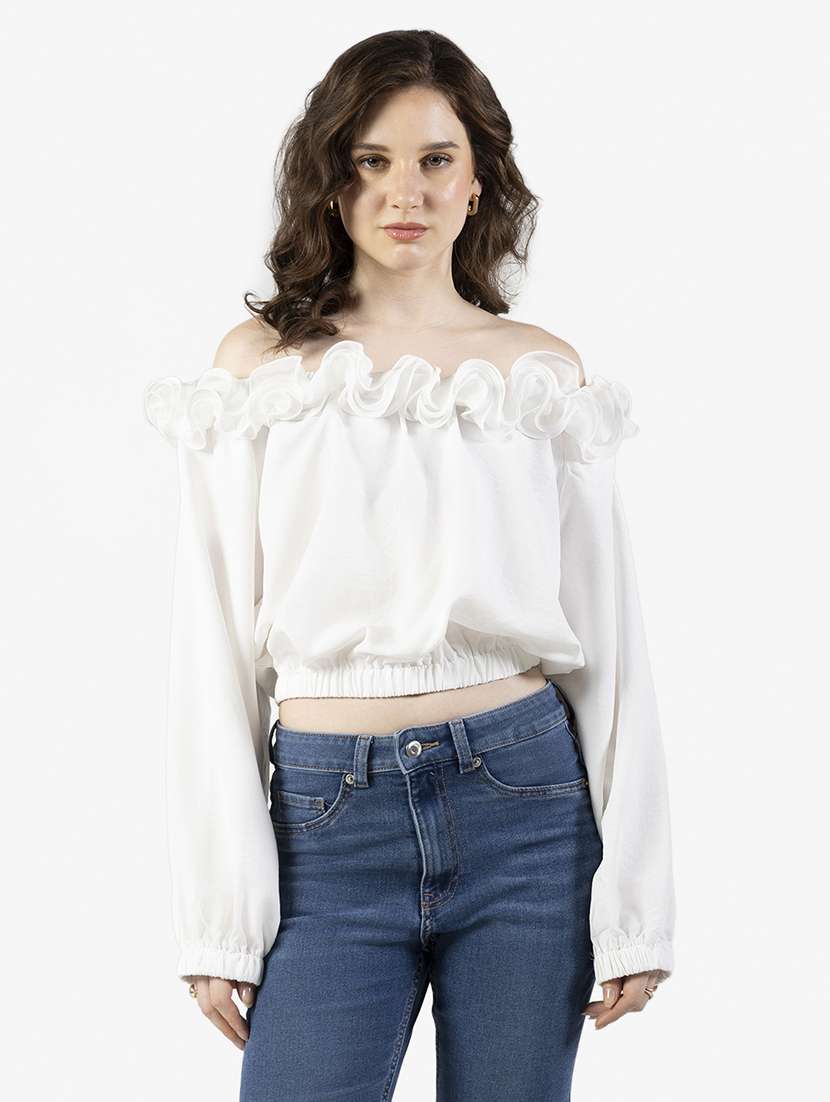 women solid off shoulder blouson top - 22363386 -  Standard Image - 1