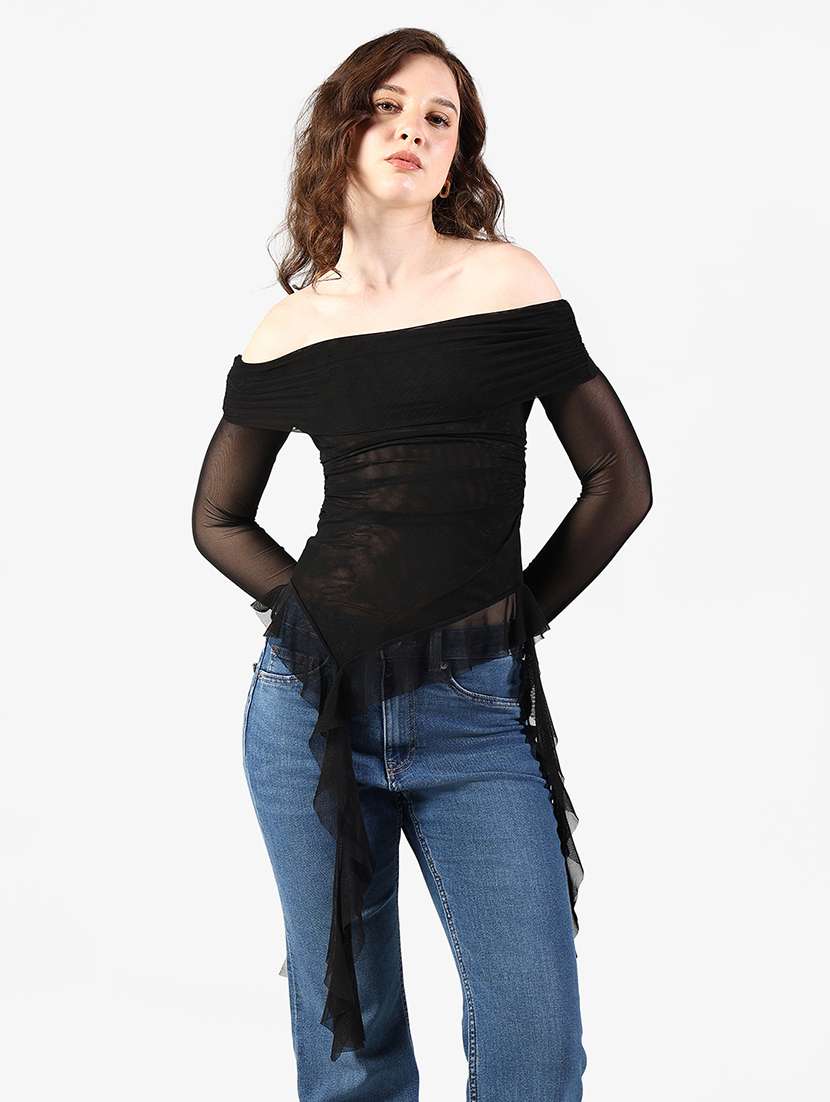 womne solid off shoulder long sleeve asymmetric top - 22363389 -  Standard Image - 1