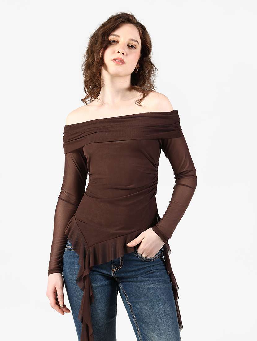 women solid off shoulder asymmetric top - 22363390 -  Standard Image - 1