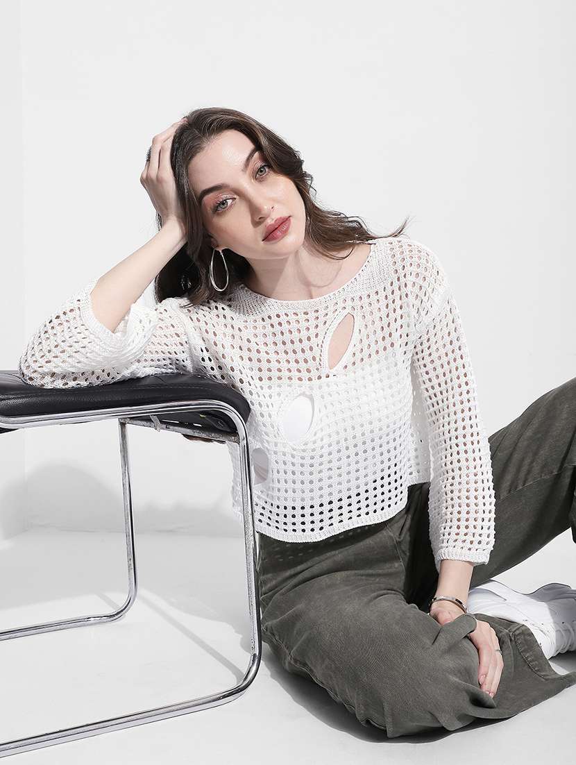 women self designed long sleeve crochet crop top