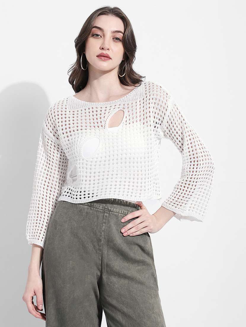 women self designed long sleeve crochet crop top - 22363392 -  Standard Image - 1