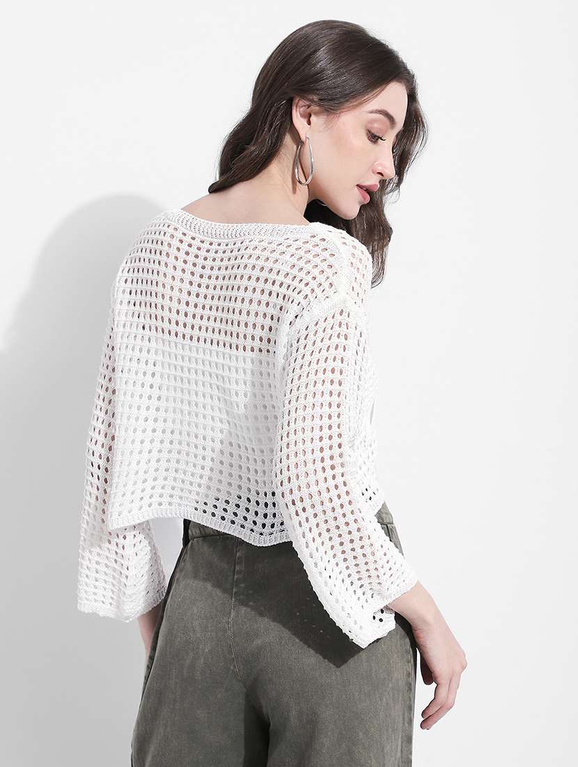 women self designed long sleeve crochet crop top - 22363392 -  Standard Image - 4