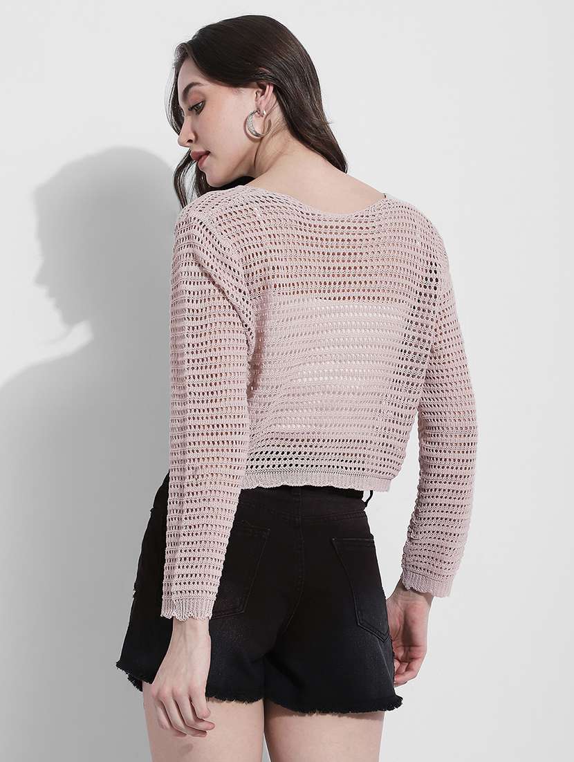 women self designed long sleeve crochet crop top - 22363393 -  Standard Image - 4