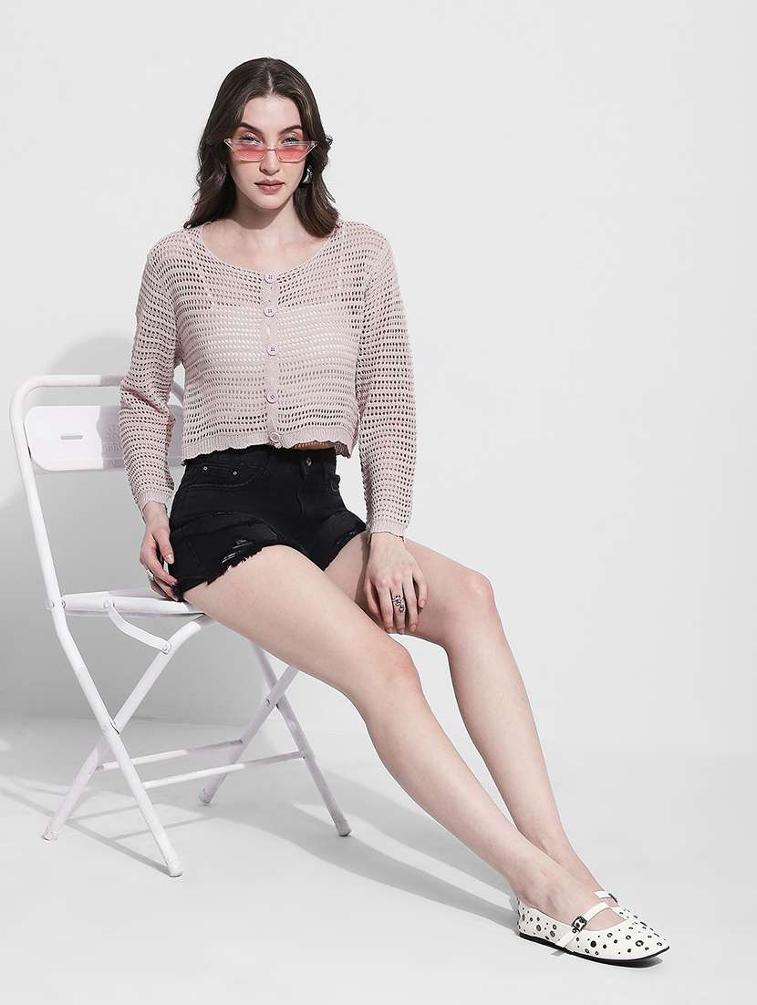 women self designed long sleeve crochet crop top - 22363393 -  Standard Image - 6