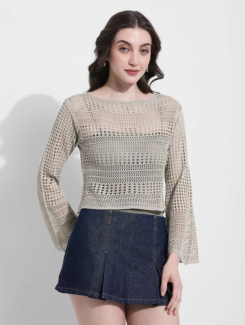 women self designed long sleeve crochet crop top - 22363394 -  Standard Image - 1