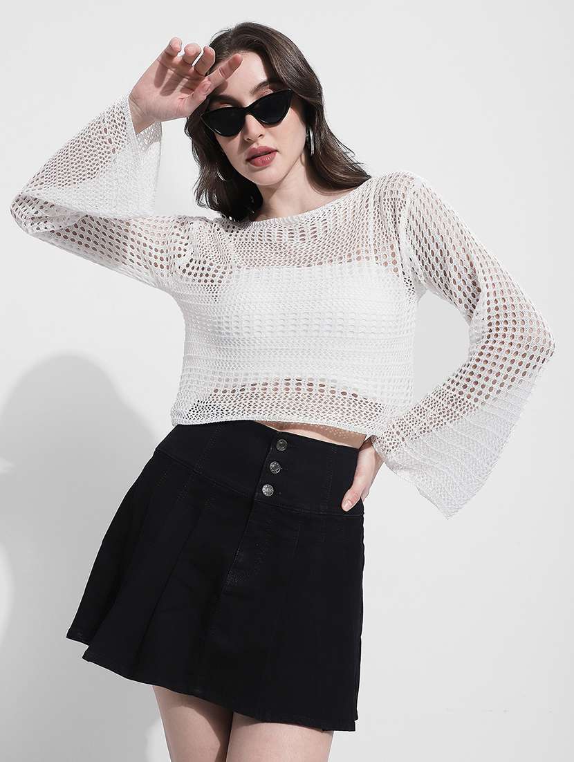 women self designed long sleeve crochet crop top
