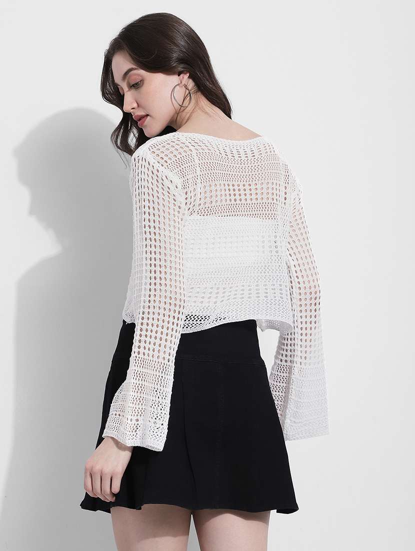 women self designed long sleeve crochet crop top - 22363395 -  Standard Image - 4