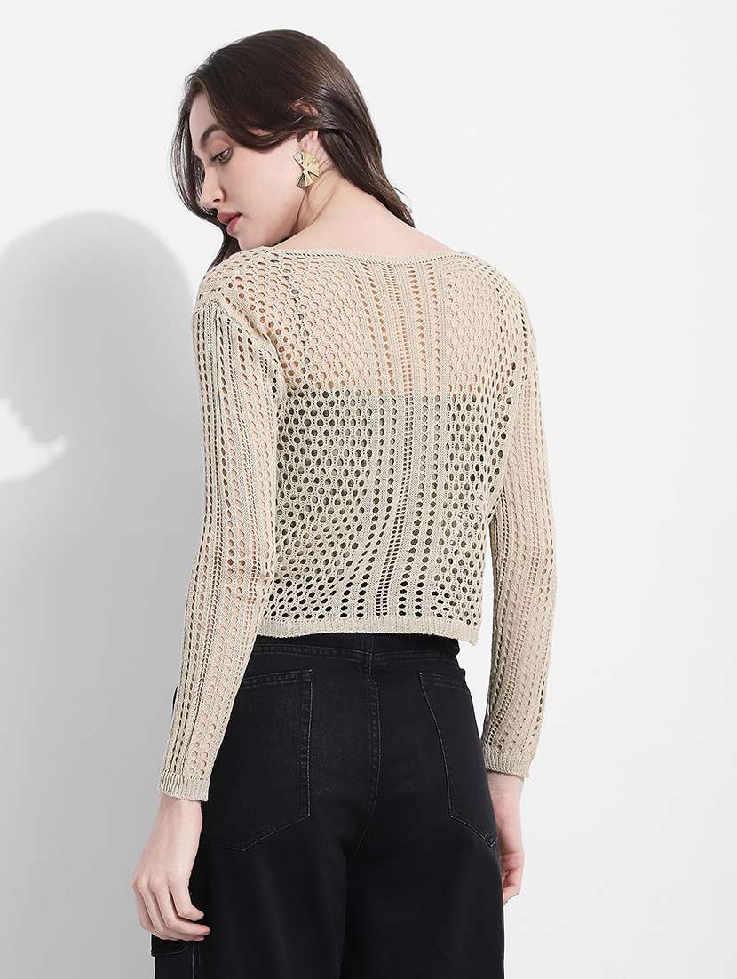 women self designed long sleeve crochet crop top - 22363396 -  Standard Image - 4