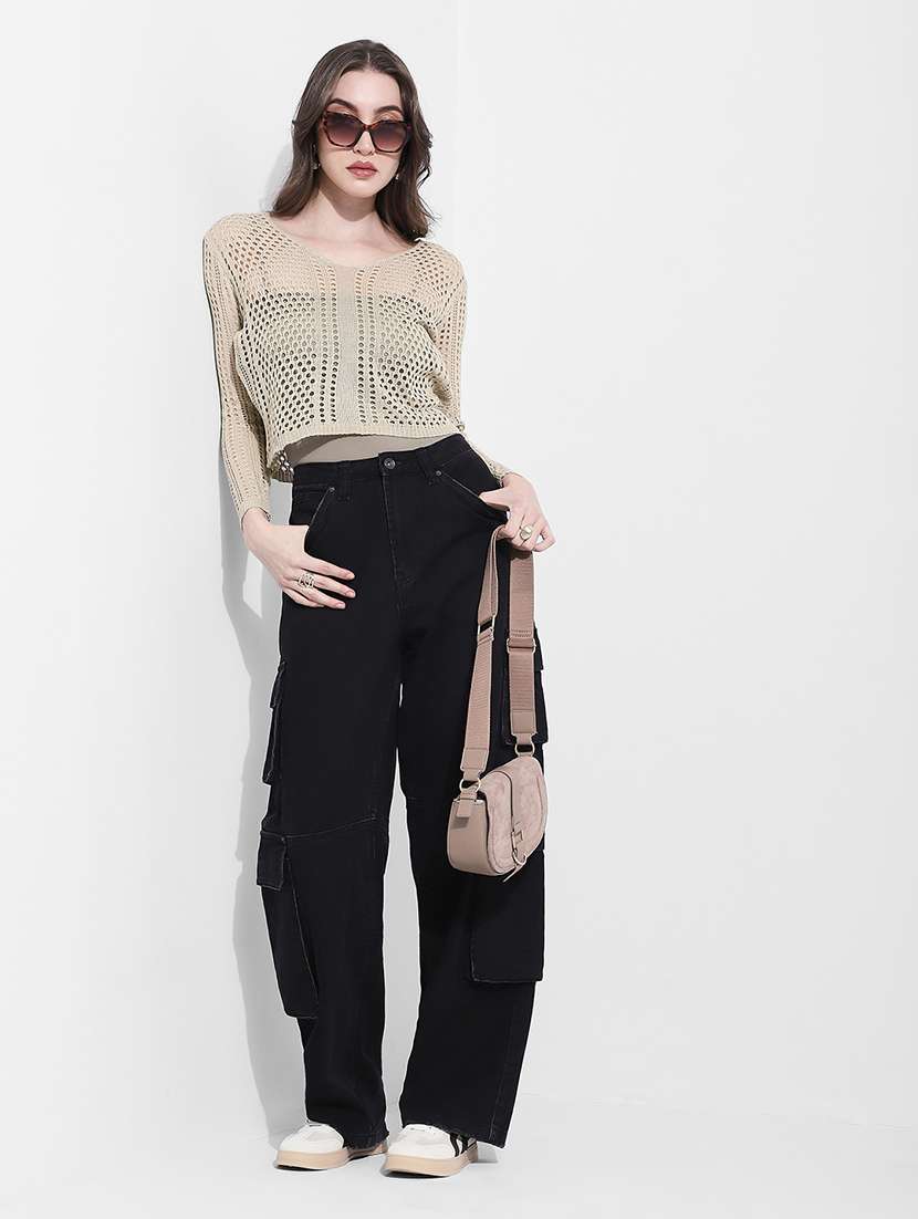 women self designed long sleeve crochet crop top - 22363396 -  Standard Image - 6