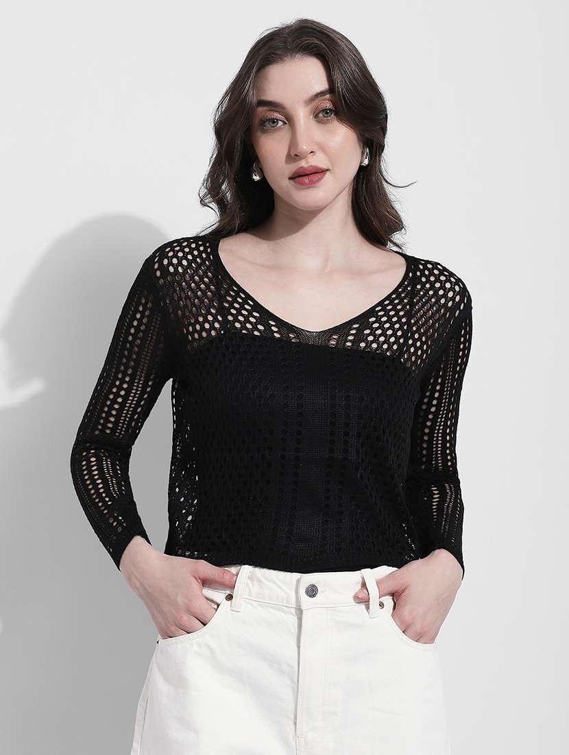 women self designed long sleeve crochet crop top - 22363397 -  Standard Image - 1