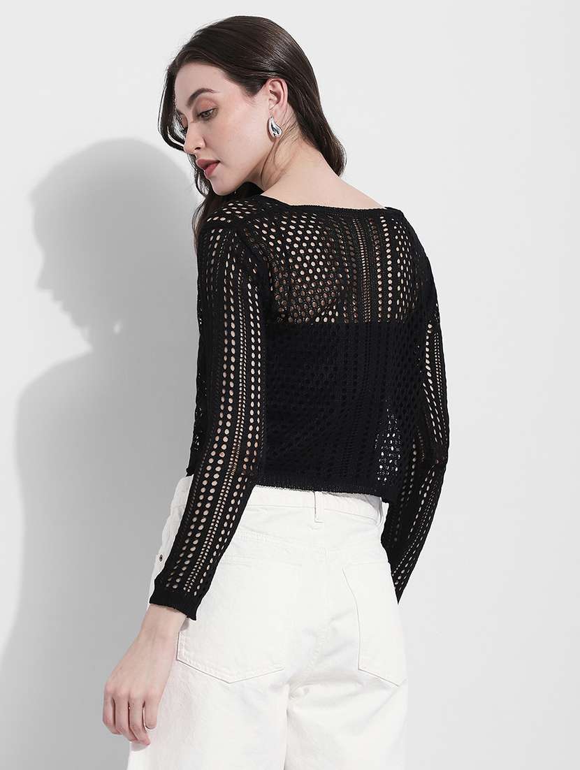 women self designed long sleeve crochet crop top - 22363397 -  Standard Image - 4