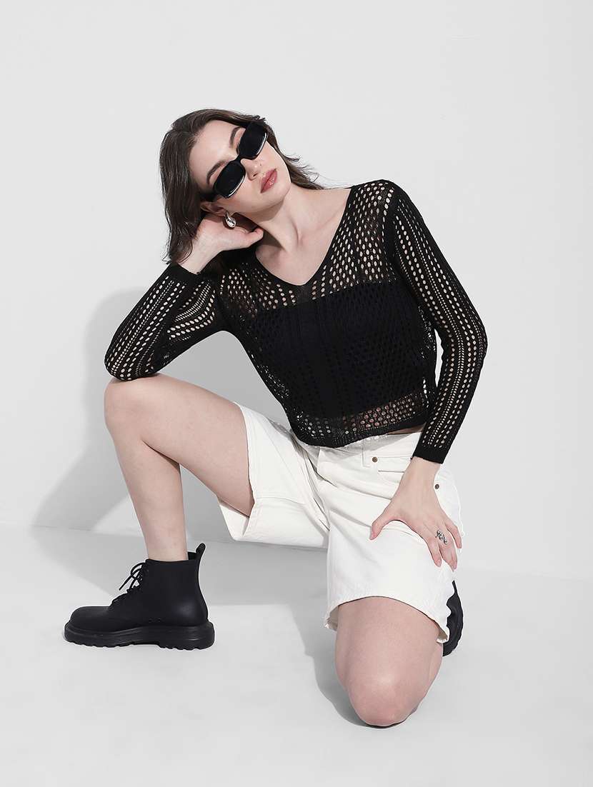 women self designed long sleeve crochet crop top - 22363397 -  Standard Image - 6