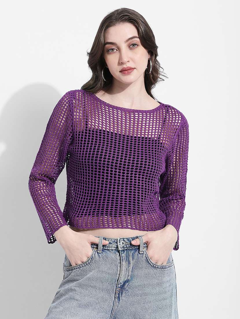 women self designed long sleeve crochet crop top - 22363398 -  Standard Image - 1