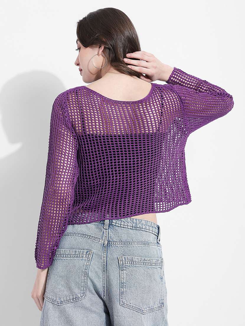 women self designed long sleeve crochet crop top - 22363398 -  Standard Image - 4