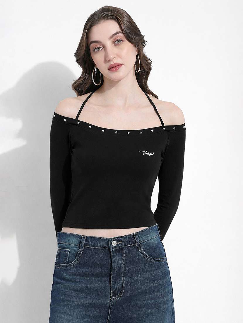 women solid off shoulder long sleeve crop top - 22363401 -  Standard Image - 1