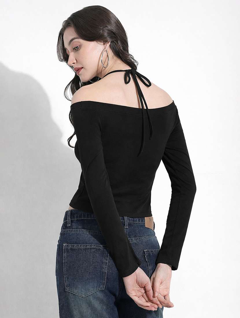 women solid off shoulder long sleeve crop top - 22363401 -  Standard Image - 4