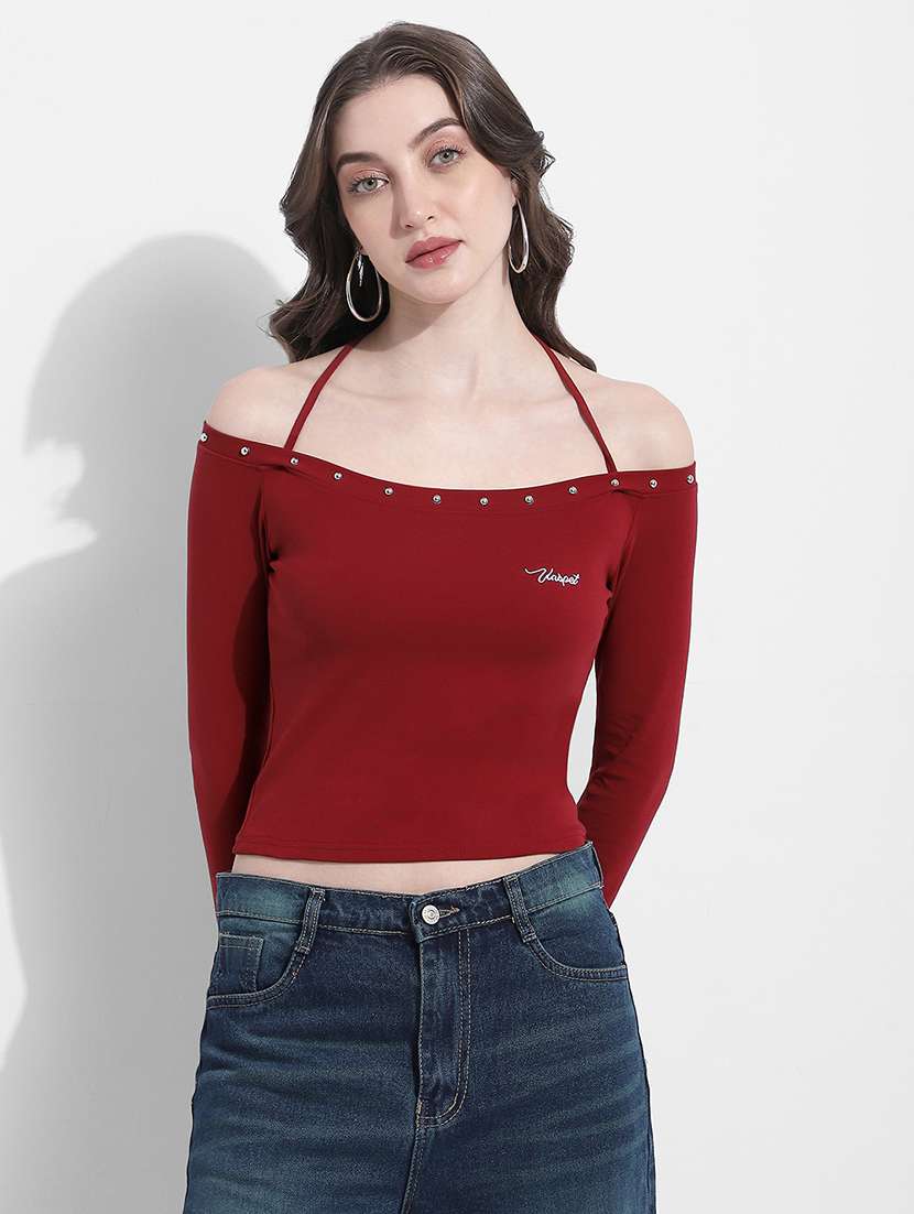 women solid off shoulder long sleeve crop top - 22363402 -  Standard Image - 1
