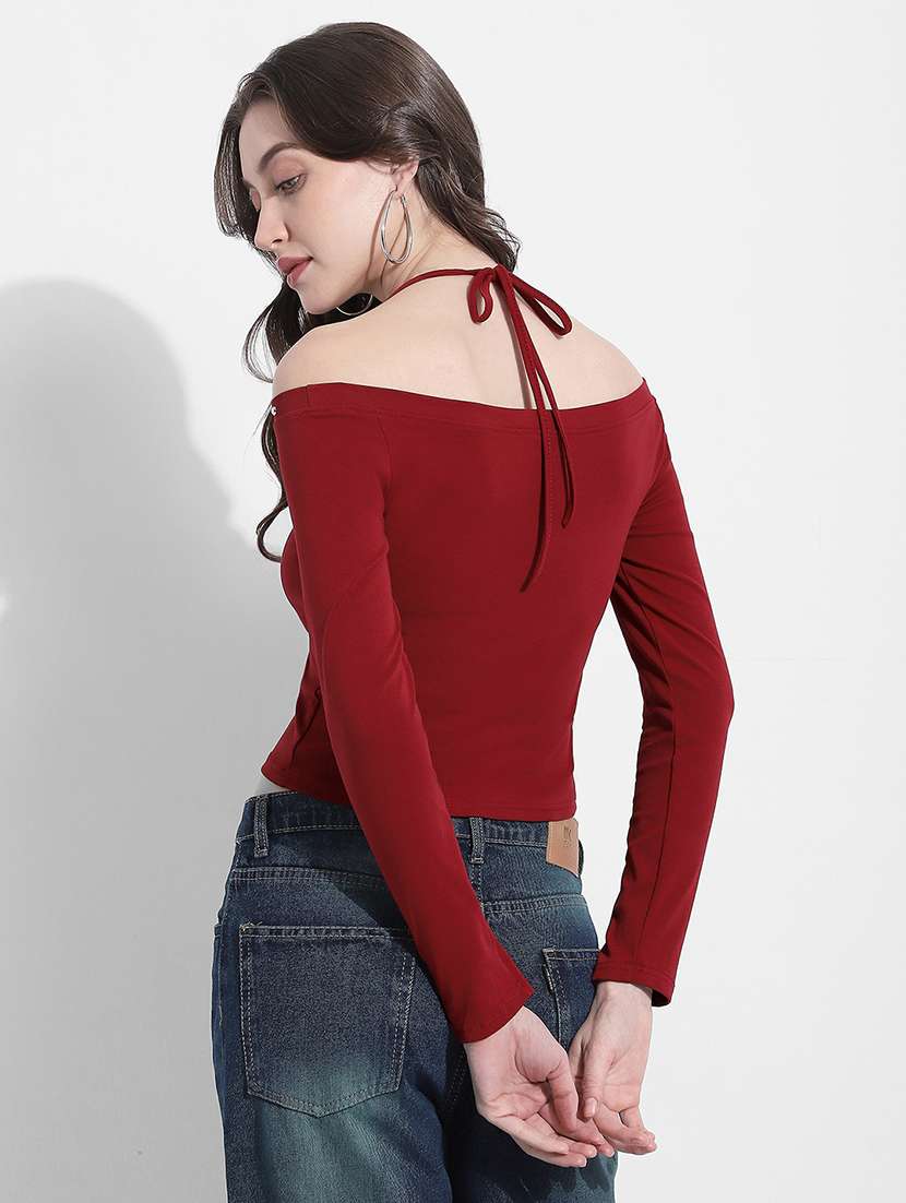 women solid off shoulder long sleeve crop top - 22363402 -  Standard Image - 4