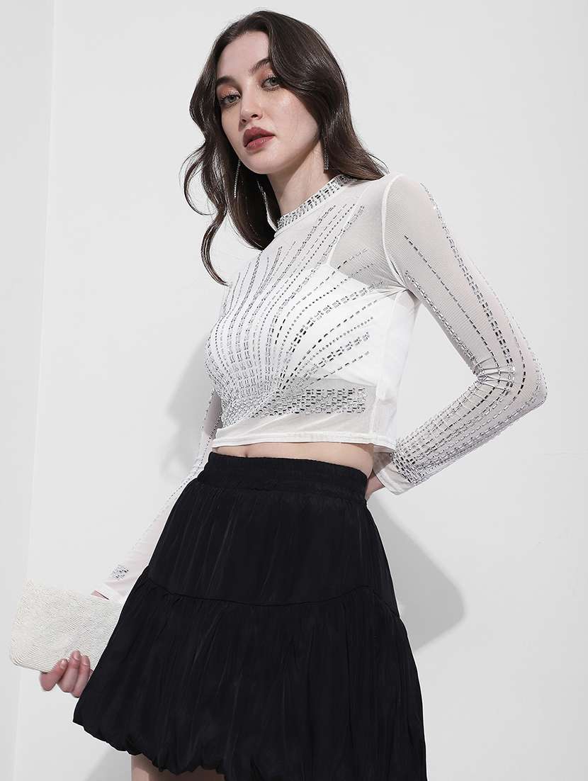 women embellished long sleeve crop top
