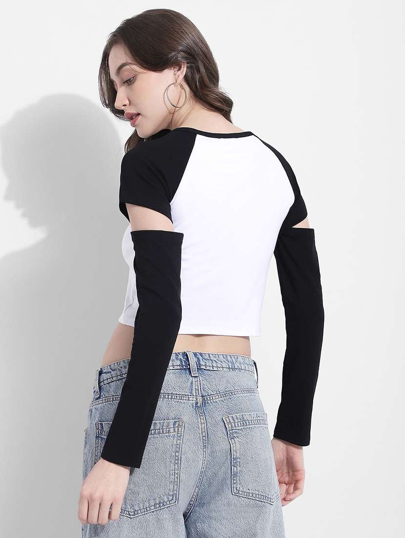women color blocked long sleeve crop top - 22363406 -  Standard Image - 4