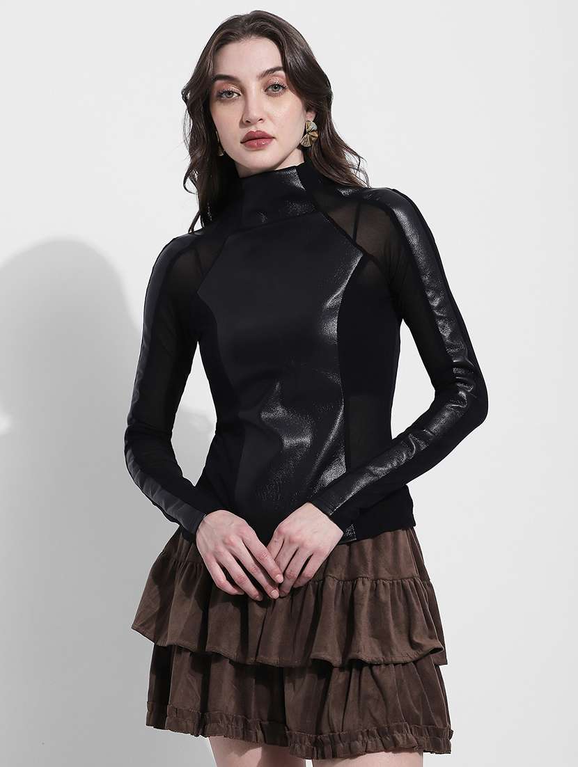 women solid high neck long sleeve top - 22363411 -  Standard Image - 1