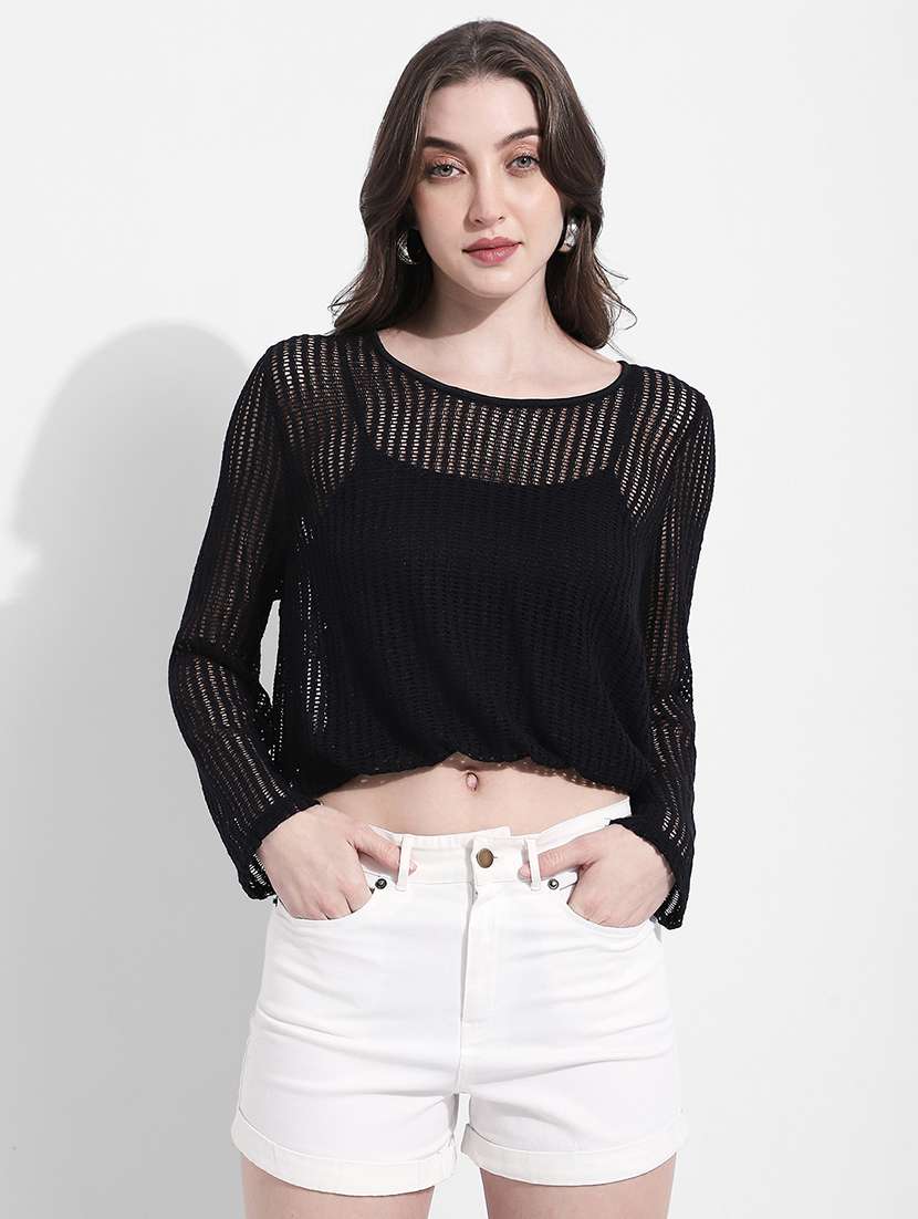 women solid long sleeve sheer crop top - 22363412 -  Standard Image - 1