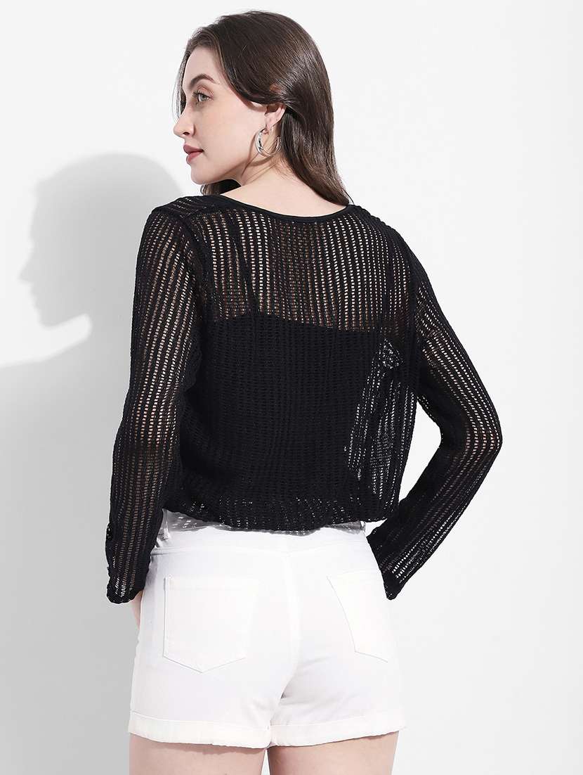 women solid long sleeve sheer crop top - 22363412 -  Standard Image - 4