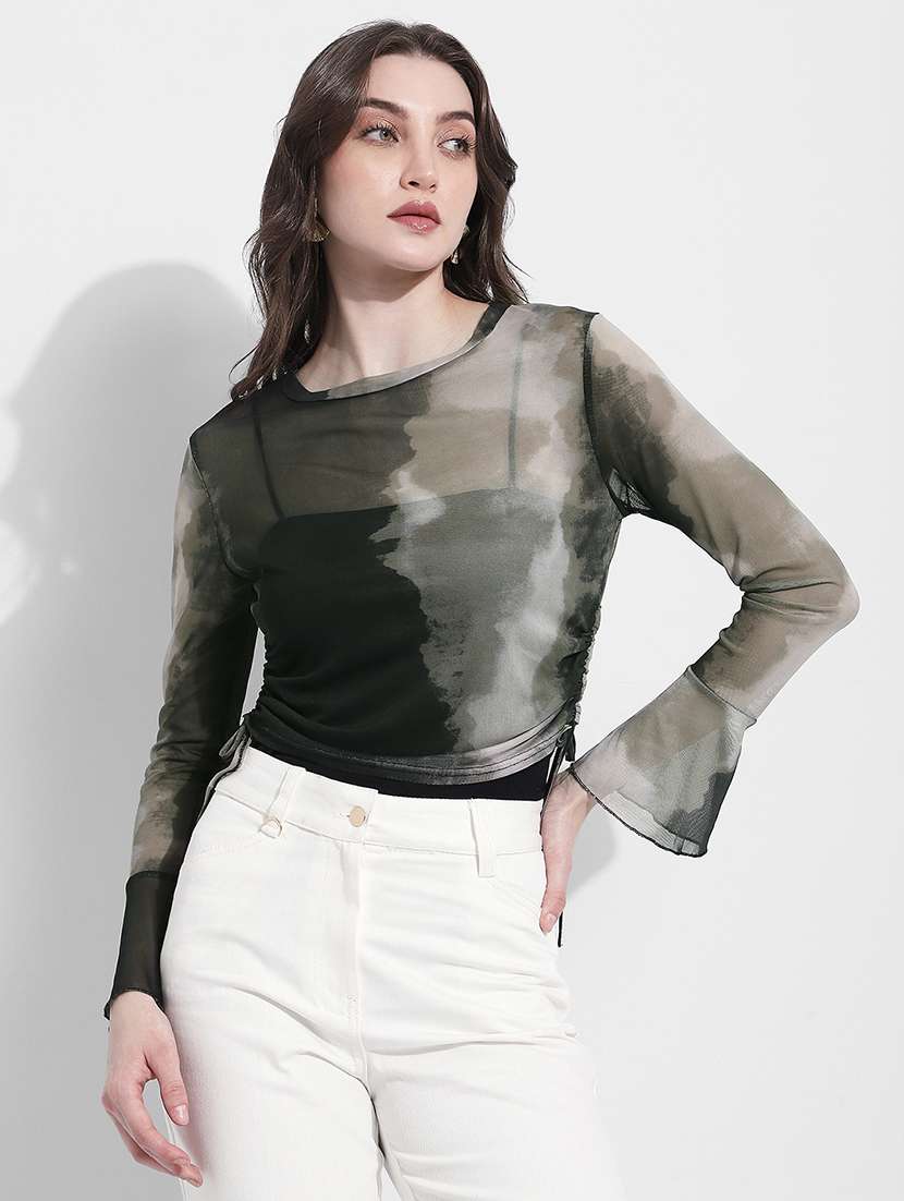 women printed bell sleeve sheer ruched top - 22363418 -  Standard Image - 1