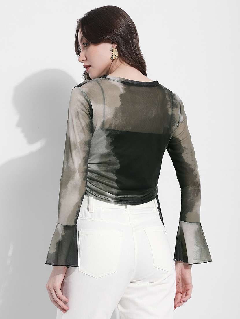 women printed bell sleeve sheer ruched top - 22363418 -  Standard Image - 4