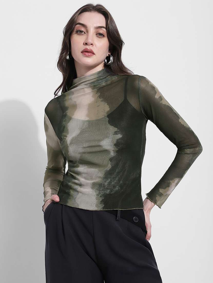 women printed high meck long sleeve sheer top - 22363423 -  Standard Image - 1