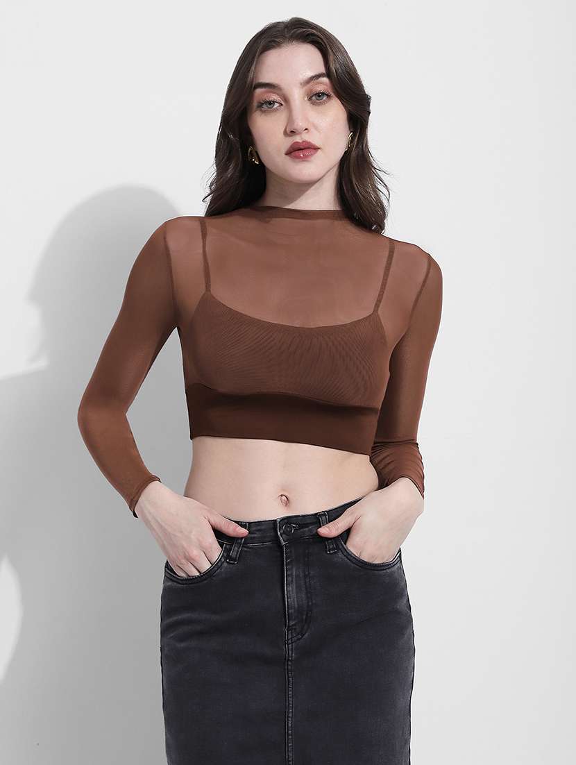 women solid long sleeve sheer crop top - 22363424 -  Standard Image - 1