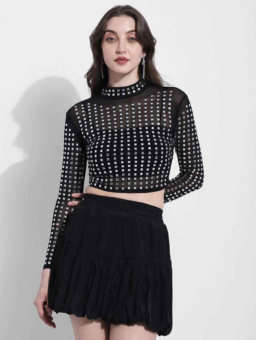 women embellsihed long sleeev crop top - 22363425 -  Standard Image - 1