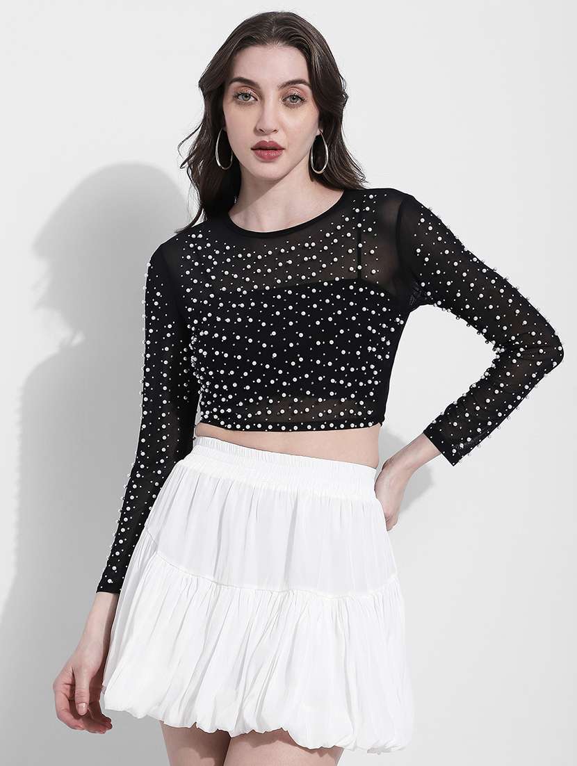 women embellished long sleeve crop top - 22363426 -  Standard Image - 1