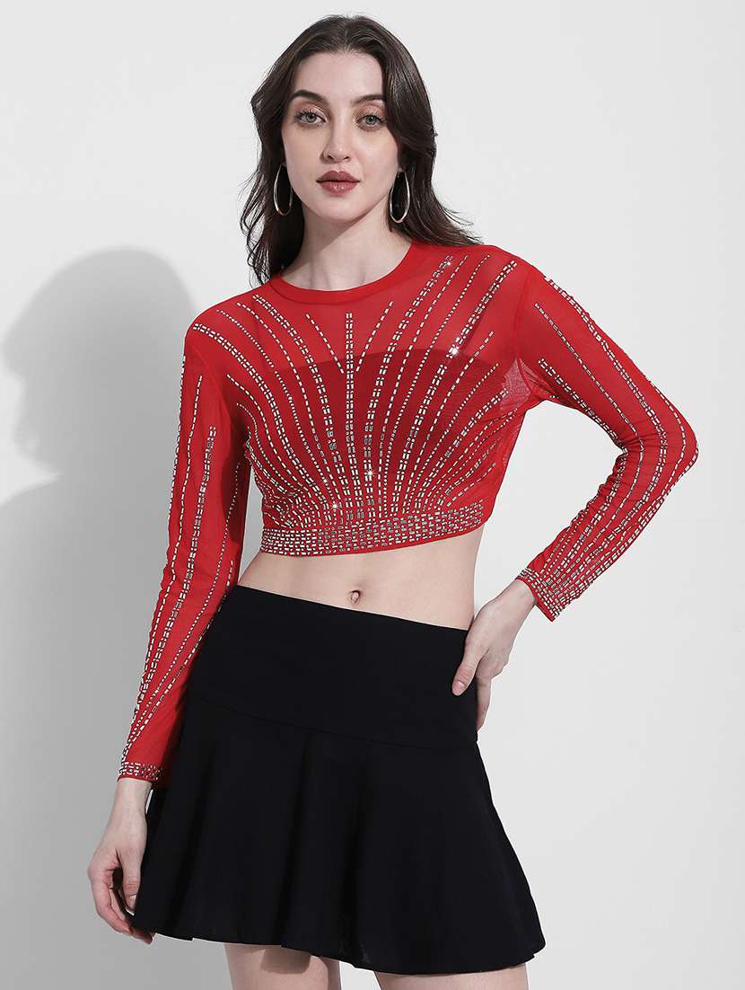 women embellsihed long sleeev crop top - 22363428 -  Standard Image - 1