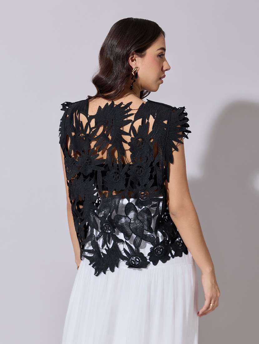 women self designed sheer lace asymmetric top - 22363434 -  Standard Image - 4