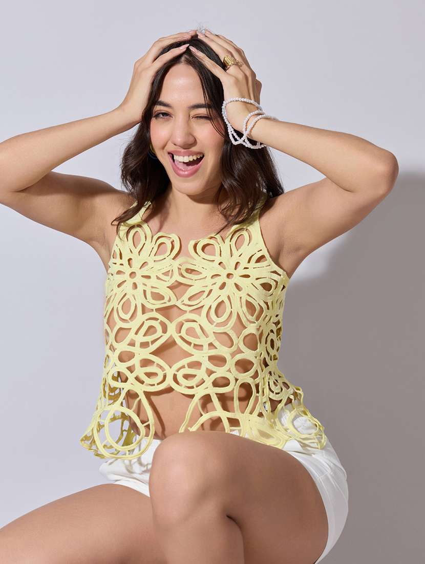 women self designed sheer crochet top