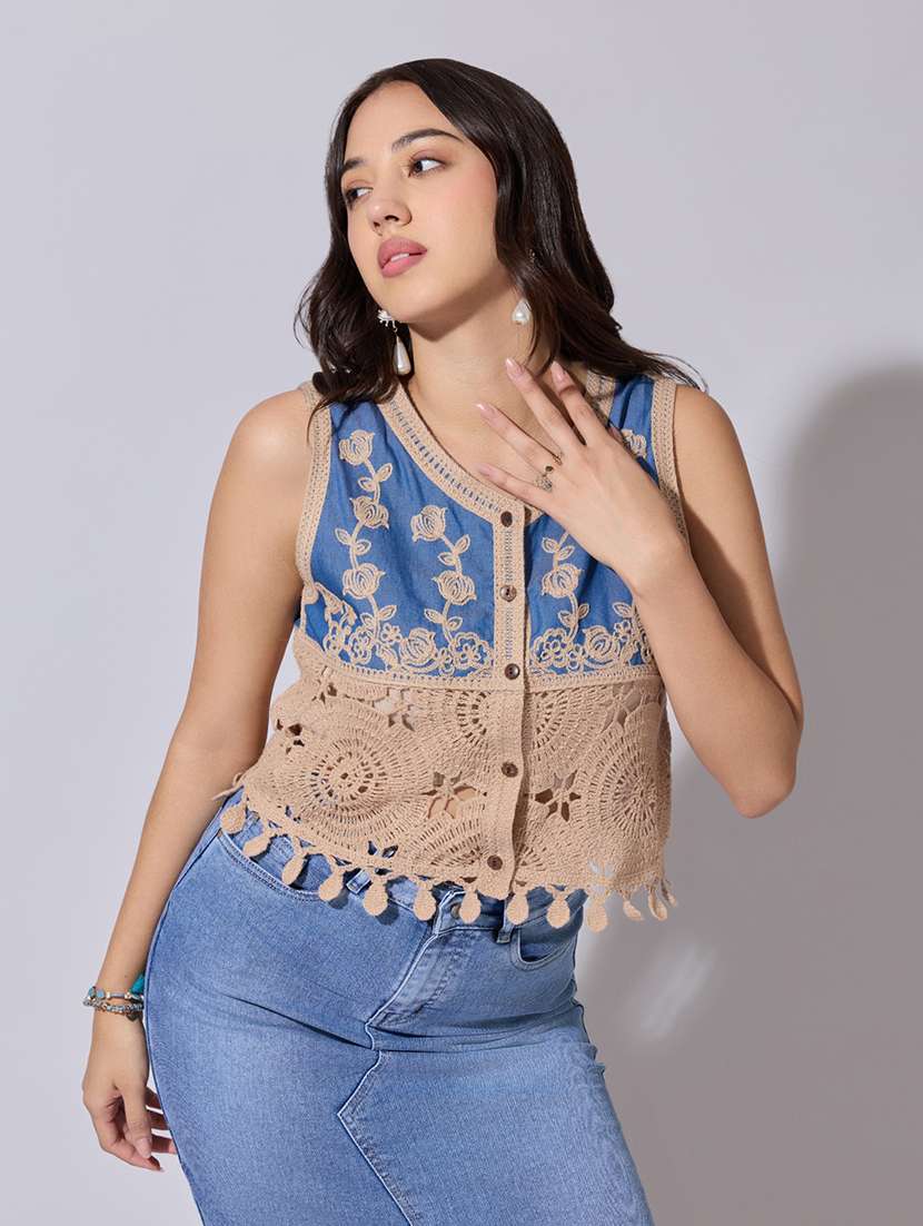 women self designed sheer crochet top - 22363439 -  Standard Image - 1