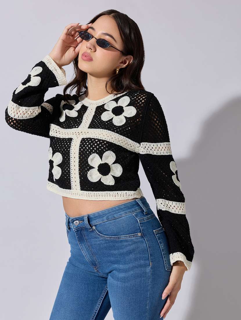 women self designed sheer crochet top
