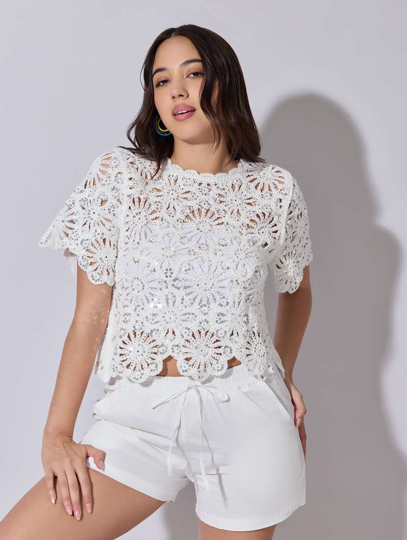 women self designed sheer crochet top - 22363444 -  Standard Image - 1