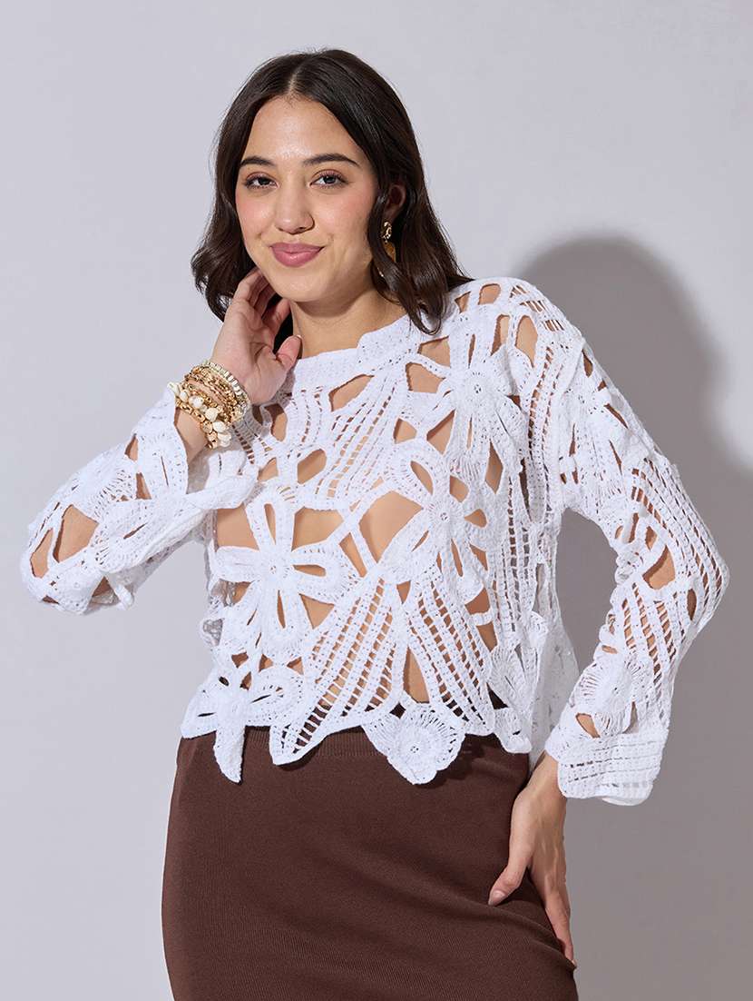 women self designed long sleeve crochet crop top - 22363445 -  Standard Image - 1