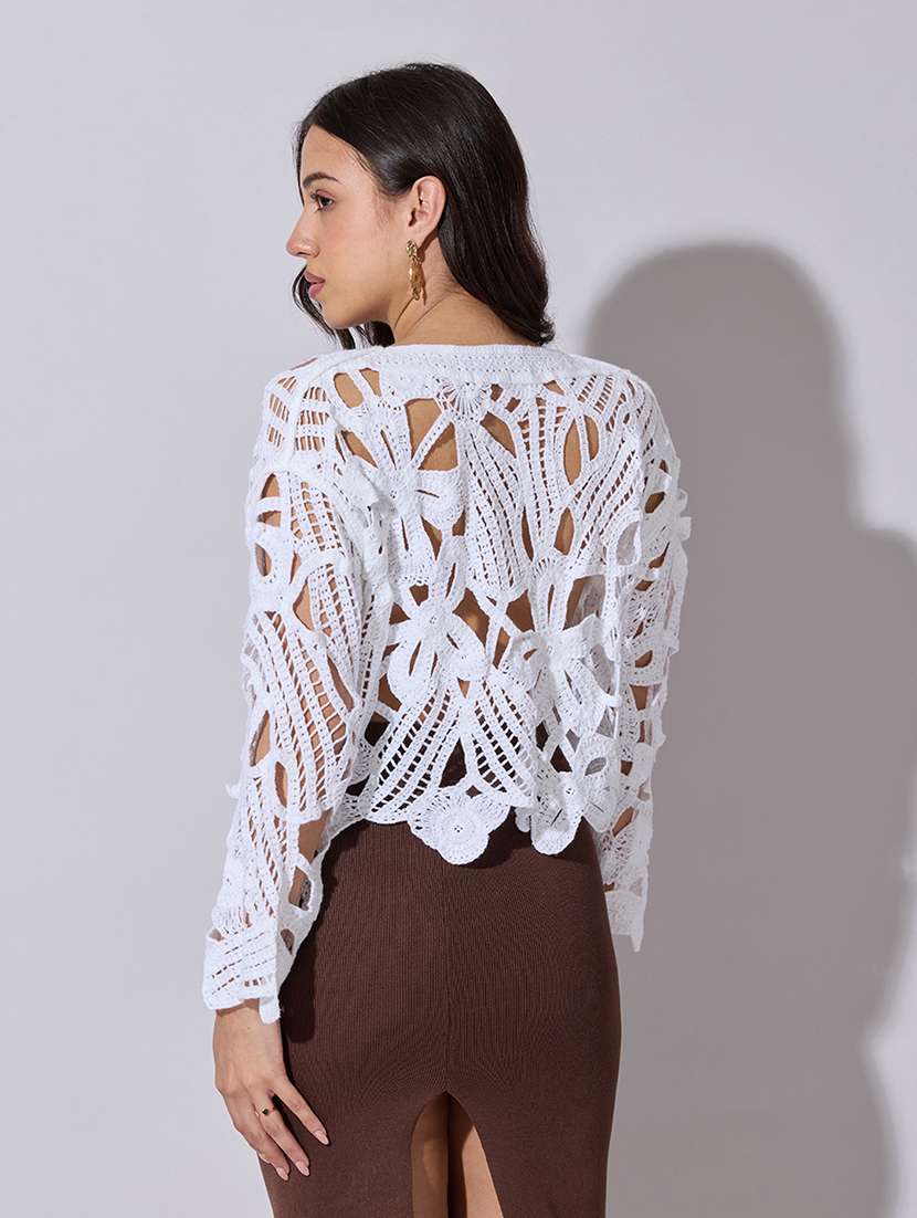 women self designed long sleeve crochet crop top - 22363445 -  Standard Image - 4