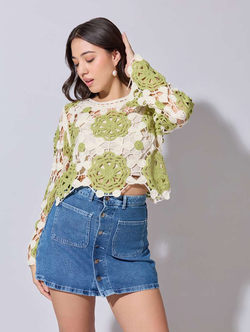 women self designed sheer crochet crop top - 22363449 -  Standard Image - 1